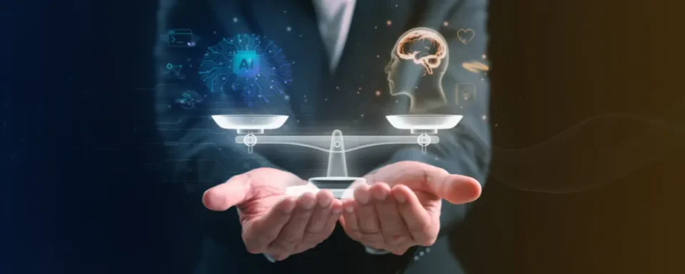 Man holding a hologram scale with an illustration of an AI computer chip on one side and an illustrated human brain on the other side.