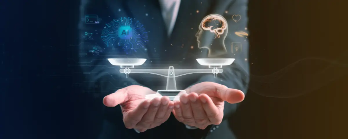 Man holding a hologram scale with an illustration of an AI computer chip on one side and an illustrated human brain on the other side.