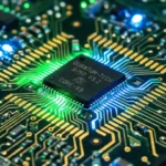 Glowing green and blue quantum computer chip on an electric circuit board.