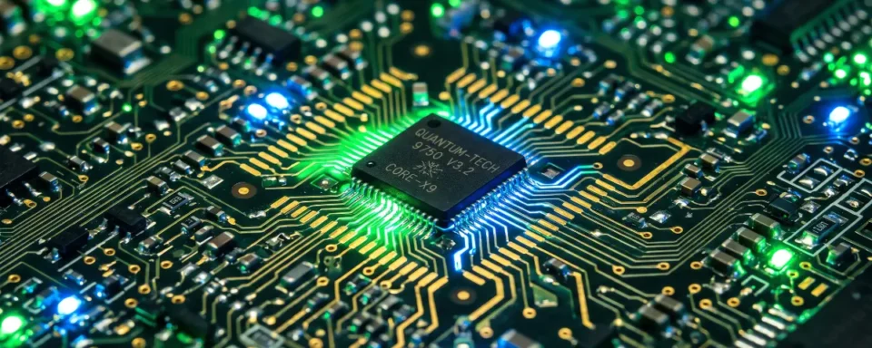 Glowing green and blue quantum computer chip on an electric circuit board.