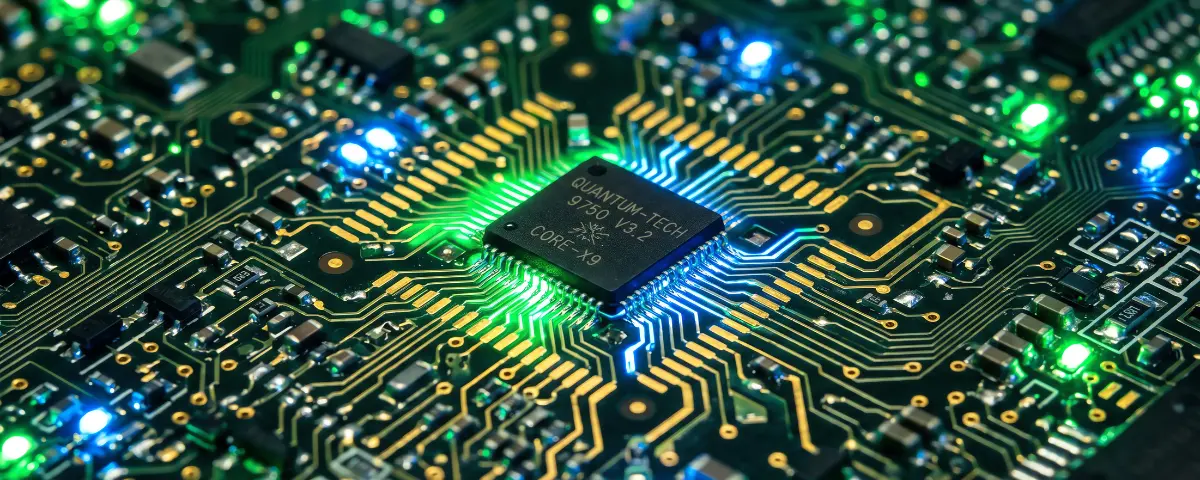 Glowing green and blue quantum computer chip on an electric circuit board.