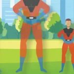 Silhouette of a superhero wearing a cape slowly getting smaller in front of a background of any on the ground.
