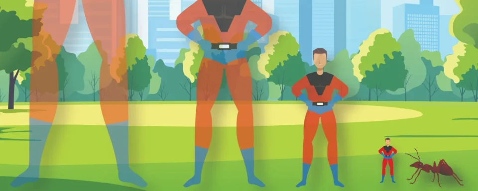 Silhouette of a superhero wearing a cape slowly getting smaller in front of a background of any on the ground.