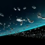 Asteroid belt orbiting around a large blue planet.