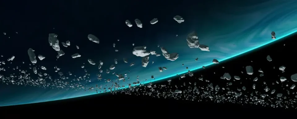 Asteroid belt orbiting around a large blue planet.