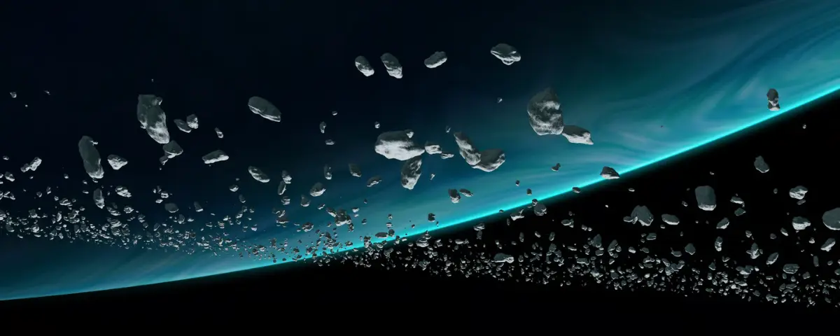 Asteroid belt orbiting around a large blue planet.