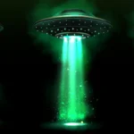 Three alien spaceships with light green beams shining down.