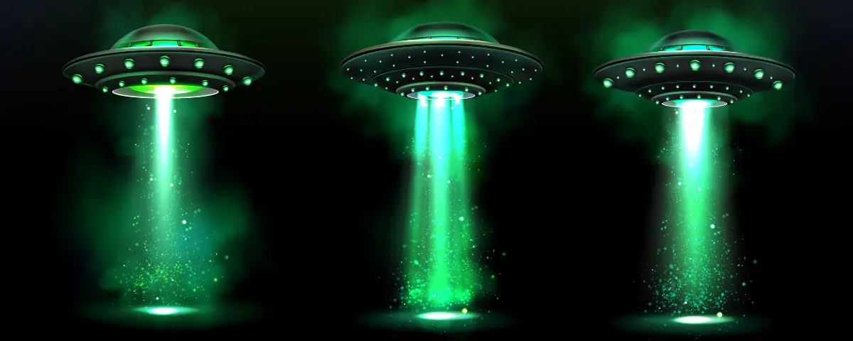 Three alien spaceships with light green beams shining down.