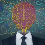Abstract image of a business suit and a brain with arrows in place of the head.