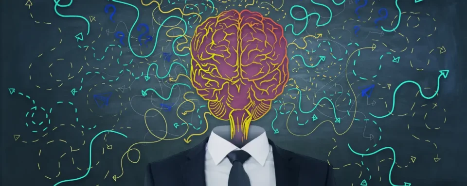 Abstract image of a business suit and a brain with arrows in place of the head.