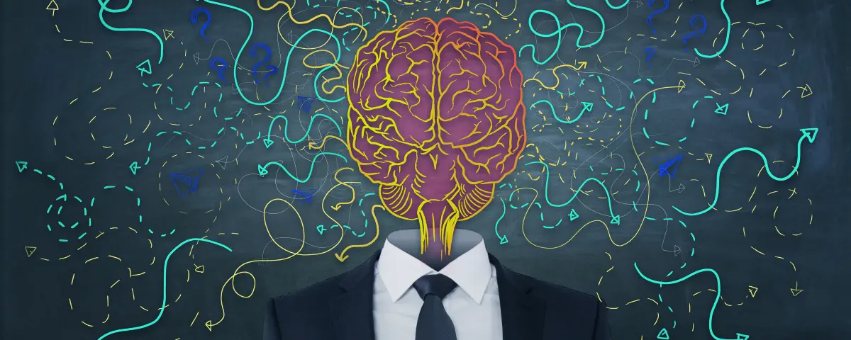 Abstract image of a business suit and a brain with arrows in place of the head.