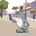 Animated shark walking through city