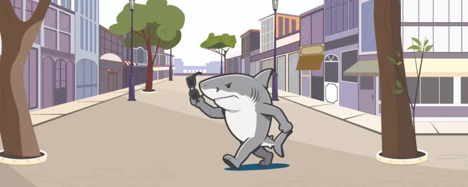 Animated shark walking through city