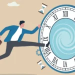Illustration of a man wearing a suit jumping through a clock with a sandy background.
