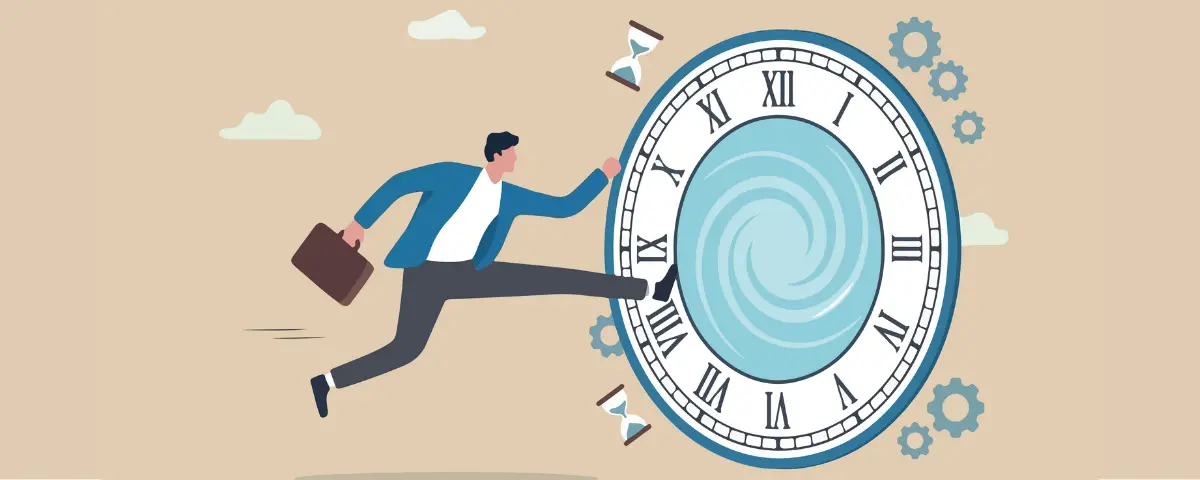 Illustration of a man wearing a suit jumping through a clock with a sandy background.