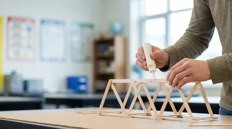 Student applying glue to a model bridge made out of wooden popsicle sticks.